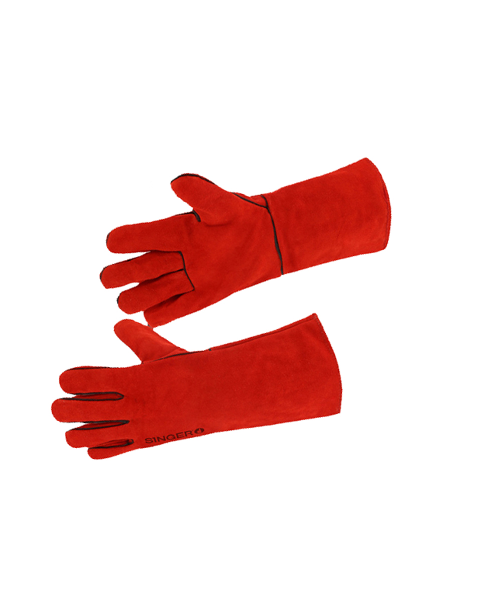 Paire de gants de soudeur anti-chaleur en croûte bovin doublé coton rouge